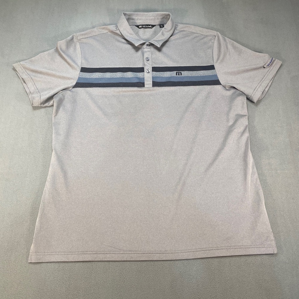Travis Mathew Polo Shirt Mens XXL Gray Striped Golf Performance Logo Sleeve
